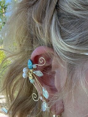 Boho Fairy Ear Cuff Gold Wire Leaf Pearl Statement Festival